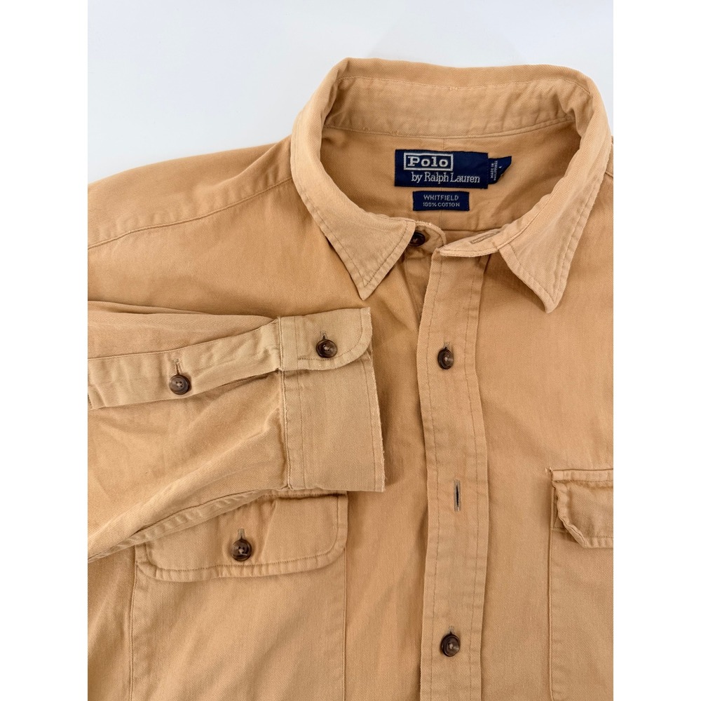 Vintage Polo Ralph Lauren Whitfield Tan Khaki Cotton Twill Button Down Shirt L